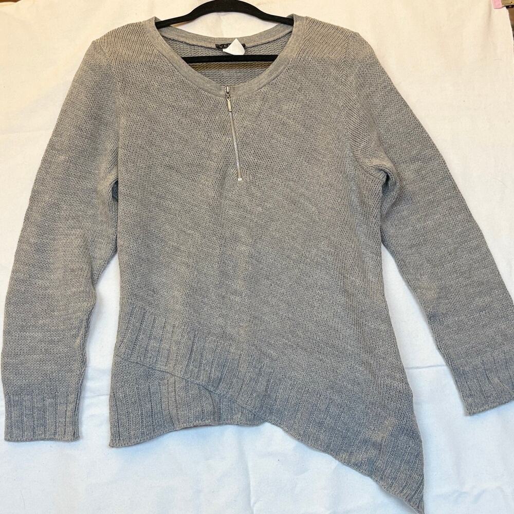 Venus Gray Asymmetrical Hem Half Zip Henley Pullover Knit Sweater Large L